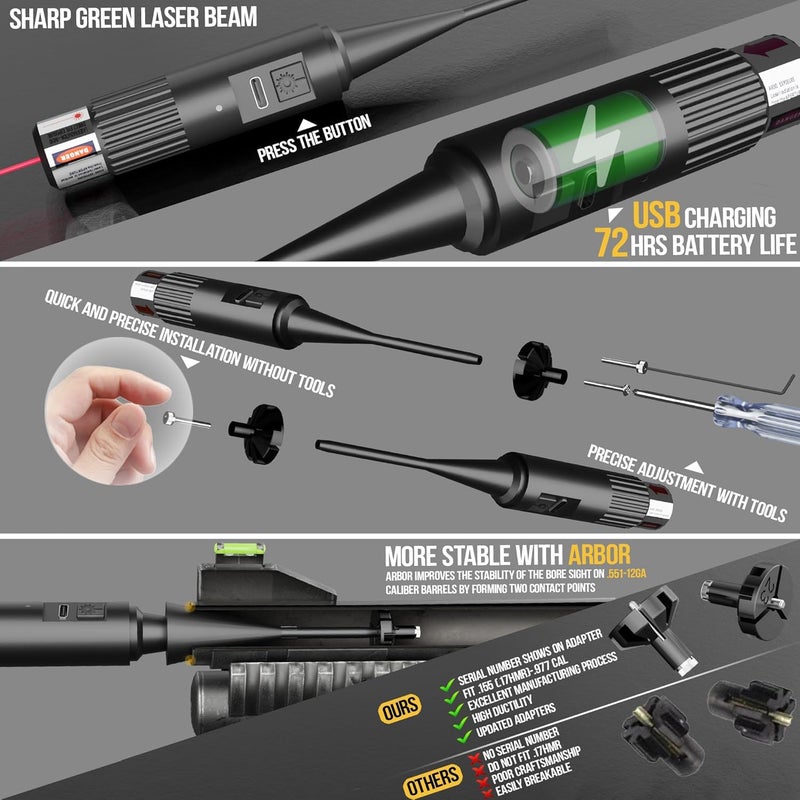 Visiofire USB Rechargeable Laser Bore Sight Kit : Green Laser Bore Sighter with 64 Upgraded Adapters fit 0.17 to 12 GA Calibers| Multi-Caliber Laser Bore Sighting Kit for All Gun| Powerful Boresighter - Image 4